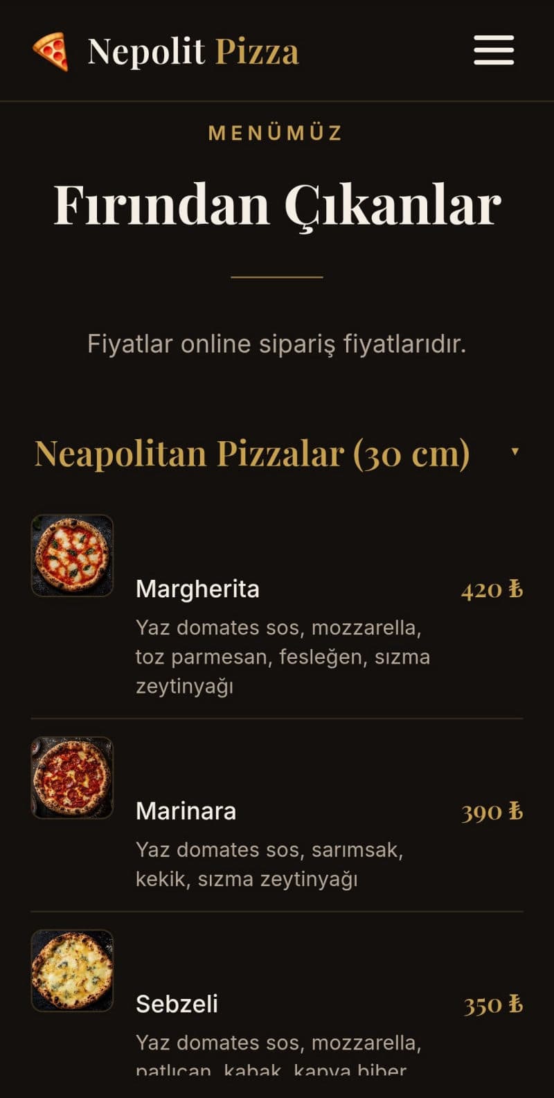 Nepolit Pizza markalı web sitesi menü sayfası: MENÜMÜZ / Fırından Çıkanlar başlığı, Neapolitan Pizzalar fiyatlı ve fotoğraflı liste.