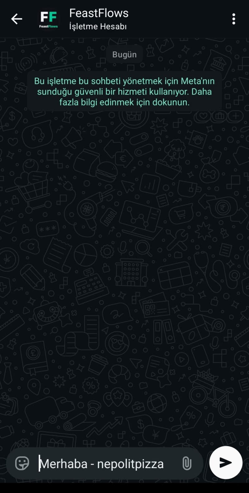 WhatsApp’ta FeastFlows işletme hesabı sohbetinin açılış ekranı.