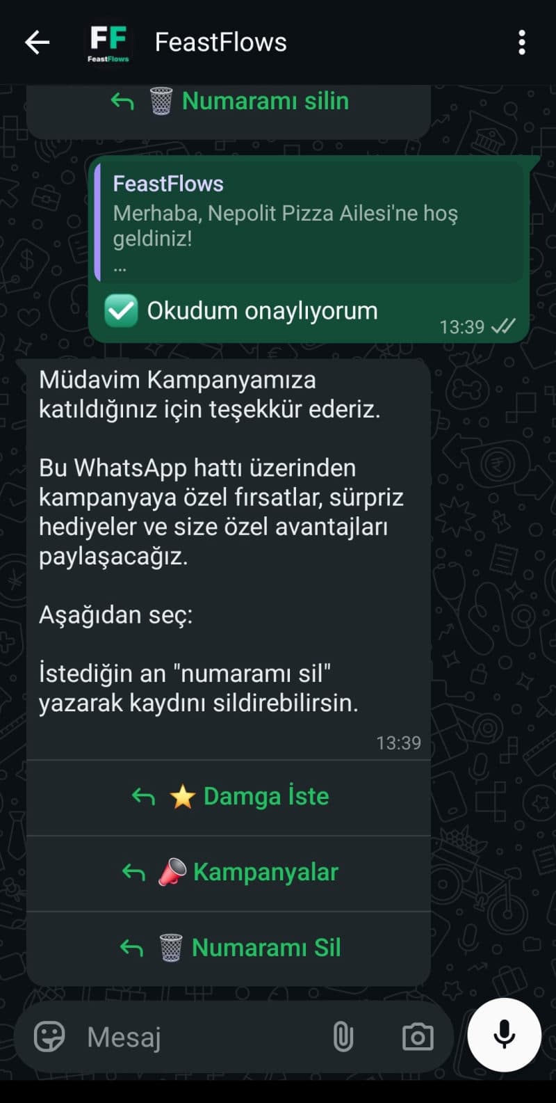 WhatsApp hoş geldin mesajı ve Damga İste, Kampanyalar, Ödülüm butonları.