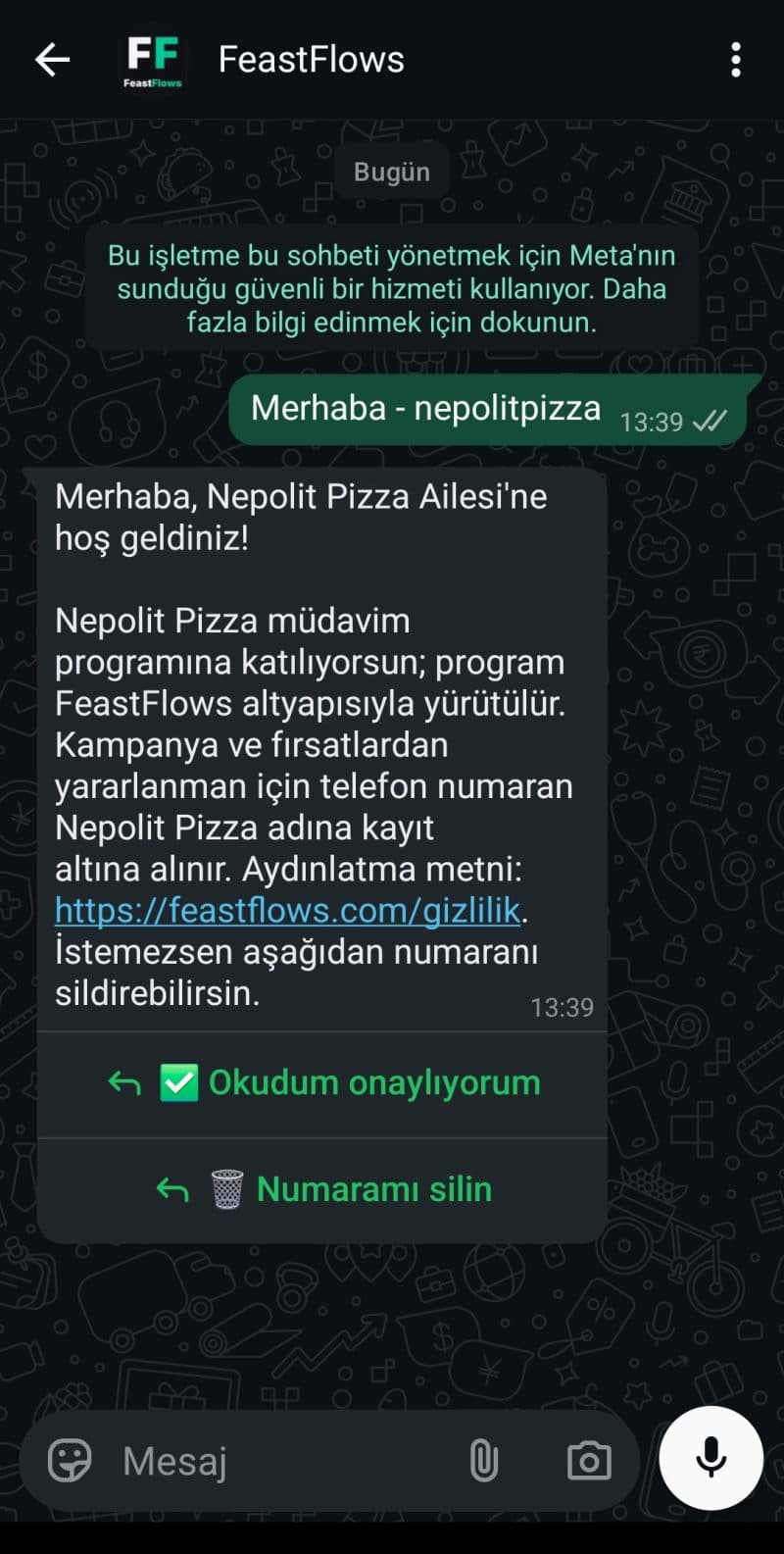 WhatsApp müdavim katılımı: KVKK onay kapısı, Okudum onaylıyorum ve Numaramı silin butonları.